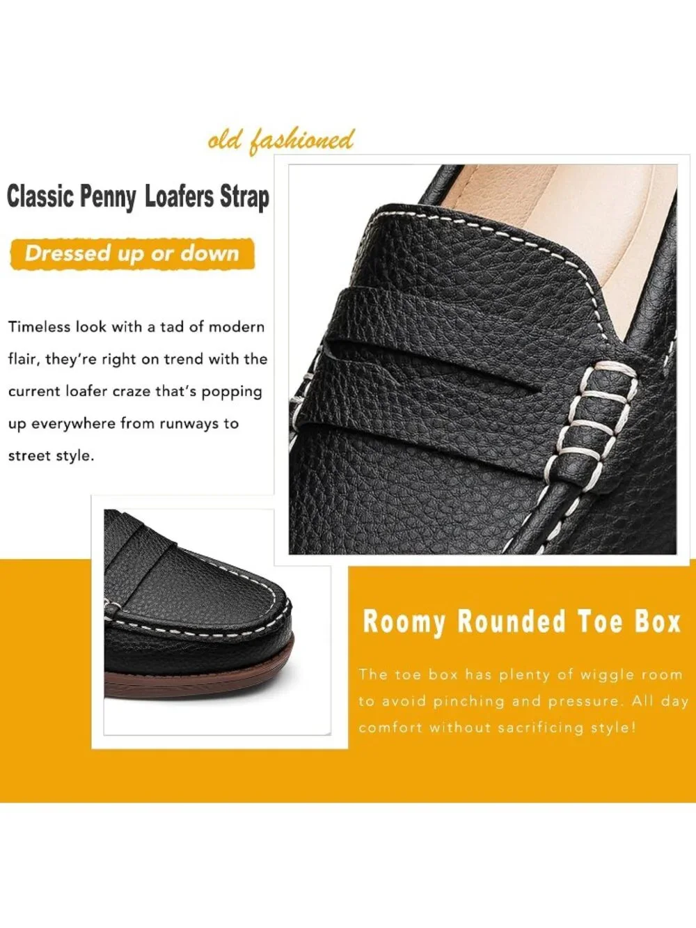 Women's Black Leather Comfortable Penny Loafers Slip On Casual Walking Shoes